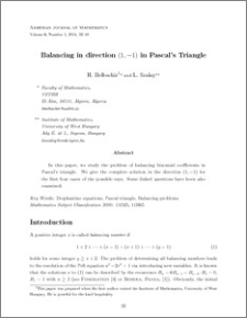 Balancing in direction (1,-1) in Pascal's Triangle
