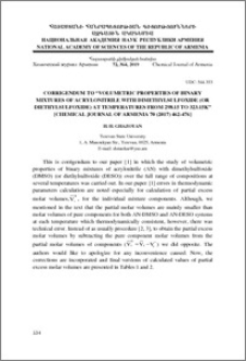 Corrigendum to “Volumetric properties of binary mixtures of acrylonitrile with dimethylsulfoxide (or diethylsulfoxide) at temperatures from 298.15 to 323.15K” [Chemical Journal of Armenia 70 (2017) 462-476]