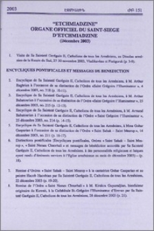 „Etchmiadzine” organe officiel du Saint-Siege d′Etchmiadzine(decembre 2003)