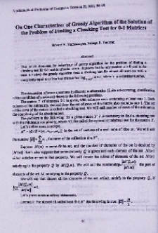 On one characterizer of greedy algorithm of the solution of the problem of finding a checking test for 0-1matrices