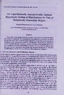 On logarithmically asymptotically optimal hypothesis testing of distributions for pair of statistically dependent objects