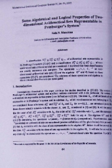 Some algebraical and logical properties of two-dimensional arithmetical sets representable in Presburger`s system