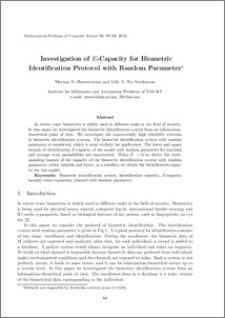 Investigation of E-capacity for biometric identification protocol with random parameter