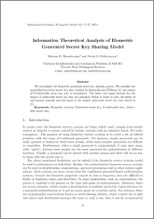 Information Theoretical Analysis of Biometric Generated Secret Key Sharing Model
