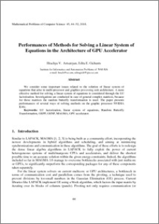 Performances of Methods for Solving a Linear System of Equations in the Architecture of GPU Accelerator
