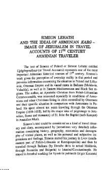 Simeon Lehatsi and the ideal of armenian KARG-image of Jerusalem in travel accounts of 17th century armenian traveler