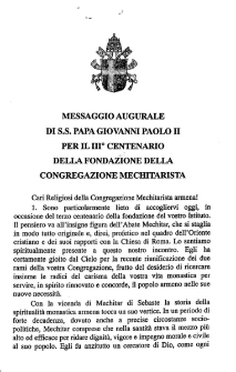 Messaggio augurale di S. S. Papa Giovanni Paolo II per IL III˚ centenario della fondazione della Congregazione Mechitarista