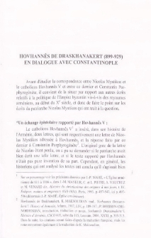 Hovhannes de Draskhanakert (899-929) en dialogue avec Constantinople