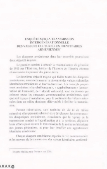 Enquete Sur la Transmission intergenerationnelle des valeurs culturelles indentitaires Arméniennes