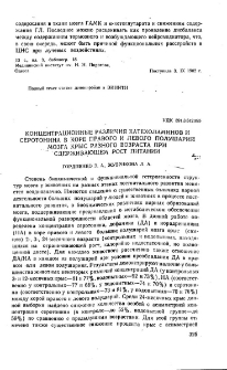 Концентрационные различия катехоламинов и серотонина в коре правого и левого полушарий мозга крыс разного возраста при сдерживающем рост питании