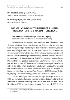 Das Verlagsarchiv Von Breitkopf & Härtel: Dokumente Für Die Komitas–Forschung