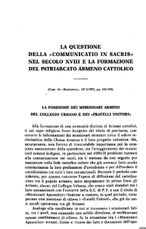 La questione della «Communicatio in sacris» nel secolo XVIII e la formazione del patriarcato Armeno Cattolico
