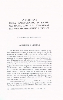 La questione della «Communicatio in sacris» nel secolo XVIII e la formazione del patriarcato Armeno Cattolico
