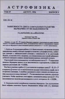 Зависимость цвета спиральных галактик Маркаряна от их наклонности
