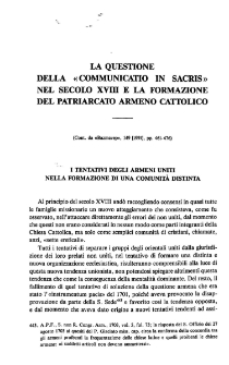 La questione della «Communicatio in sacris» nel secolo XVIII e la formazione del patriarcato Armeno Cattolico