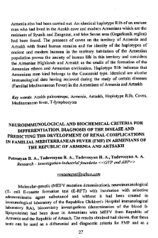 Neuroimmunological and biochemical criteria for differentiation, diagnosis of the disease and predicting the development of renal complications in familial mediterranean fever(FMF) in Armenins of the republic of Armenia and Artsakh