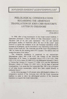 Philological considerations regarding the Armenian translation of John Chrysostom's Letter to Theodore