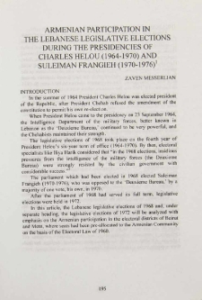 Armenian participation in the Lebanese Legislative elections during the presidencies of Charles Helou (1964-1970) and Suleiman Frangien (1970-1976)