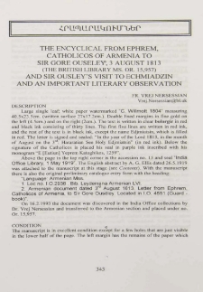 The encyclical from Ephrem Catholicos of Armenia to Sir Gore Ouseley, 3 august 1813 (the British Library Ms. Or, 1957) and Sir Ousley's Visit to Echmiadzin and an Important Literatury Observation