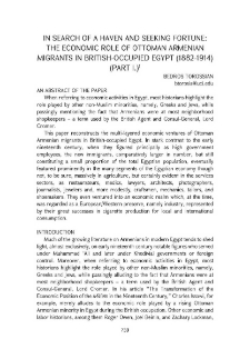 In Search of a Haven and Seeking Forture: the Economic Role of Ottoman Armenian Migrants in Gritish-Occupied Egypt (1882-1914) (Part 1)