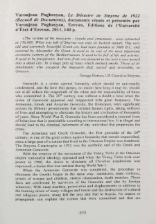 Varoujean Poghosyan, Le Desastre de Smyrne de 1922 (Recuel de Documents), documents reunis et presentes par Varoujean Poghosyan, Erevan, editions de I' Universite d' Etat d' Erevan, 2001, 140 p.