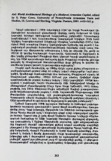 Ani: world Architectural Haritage of a Medieval ARmenian Capital, edited by S. Peter Cowe. University of Pennsylvania Armenian Texts and Studies, 16. Leuven and Sterling, Virginia: Peeters, 2001. xviii+161p.
