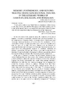 Memory, postmemory, and beyond: Traging trans-generational trauma in the literary works of Saroyan, Balakian, and Bohjalian