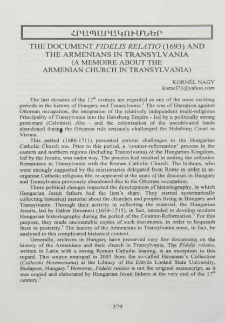 The document Fidelis Relatio(1693) and the Armenians in Transilvania (a memoire about the Armenian Church in Transylvnia)