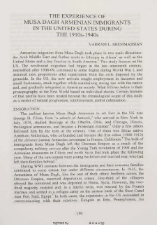 The experience of Musa Dagh Armenian immigrants in the United States during the 1910s-1940s