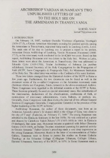 Archbishop Vardan Hunanean's two unpublished letters of 1687 to the holy see on the Armenians in Transylvania