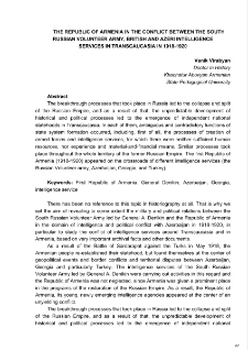 The Republic of Armenia in the Conflict Between the South Russian Volunteer Army, British and Azeri Intelligence Services in Transcaucasia In 1918-1920