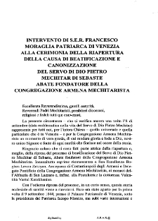 Intervento di S.E.R. Francesco Moraglia Patriarca di Venezia alla Cerimonia della Riapertura della Causa di Beatificazione e Canonizzazione del Servo di dio Pietro Mechitar di Sebaste Abate Fondatore della Congregazione Armena Mechitarista