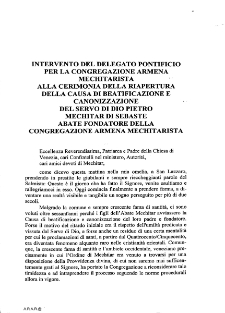 Intervento del Delegato Pontificio per la Congregazione Armena Mechitarista alla Cerimonia della Riapertura della Causa di beatificazione e Canonizzazione del Servo di dio Pietro Mechitar di Sebaste Abate Fondatore della Congregazione Armena Mechitarista