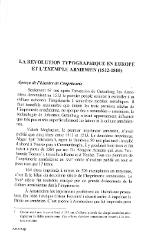 La Revolution Typographique En Europe Et L'Exemple Armenien (1512-1800)
