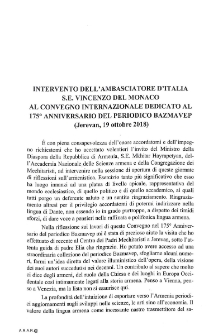 Intervento dell'ambasciatore d'Italia S.E. Vincenzo Del Monaco al convegno internazionale dedicato al 175 anniversario del periodico Bazmavep