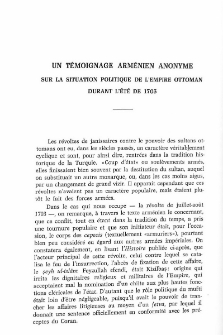 Un Témoignage Arménien Anonyme sur la situation politique de l'wmpire ottoman durant l'été de 1703
