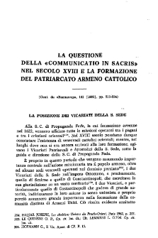 La questione della «Communicatio in sacris» nel secolo XVIII e la formazione del patriarcato Armeno Cattolico