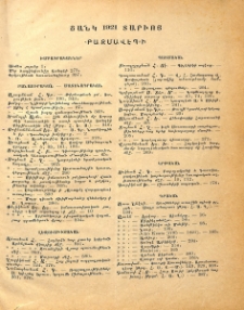 Ցանկ 1921 տարիոց«Բազմավէպ»ի