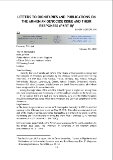 Letters to Dignitaries and Publications on the Armenian Genocide Issue and their Responses (Part II)
