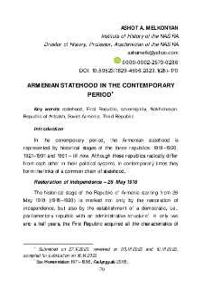 Armenian Statehood In The Contemporary Period
