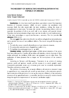 The Necessity Of Agriculture Industrialization In The Republic Of Armenia