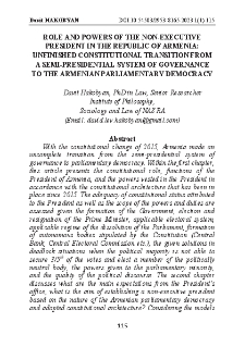 Role and Powers of the Non-Executive President in the Republic of Armenia: Unfinished Constitutional Transition from a Semi-Presidential System of Governance to the Armenian Parliamentary Democracy