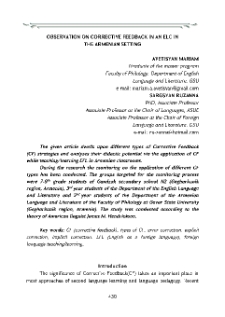 Observation on Corrective Feedback in an ELC in the Armenian Setting