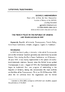 The French Policy In The Republic Of Armenia And Transcaucasia In 1919