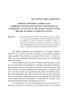 Armenian Memorial Marble Slab: Cambridge: Fitzwilliam Museum –Department of Antiquities. inv. nr., Gr. 62. 1865, in the Context of the History of Crimean Armenian Colony