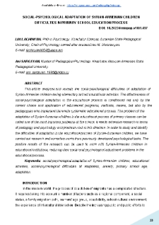 Social-Psychological Adaptation Of Syrian-Armenian Children Difficulties In Primary School Education Process