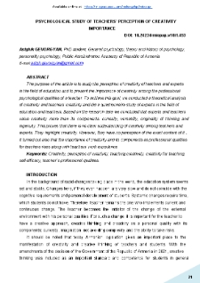 Psychological Study Of Teachers` Perception Of Creativity Importance