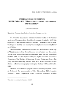 International Conference “South Caucasus: Current Challenges to Stability and Security”