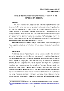 Hope As The Provision For Psychological Security Of The Person And The Society