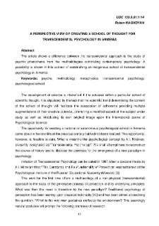 A Perspective View Of Creating A School Of Thought For Transcendental Psychology In Armenia
